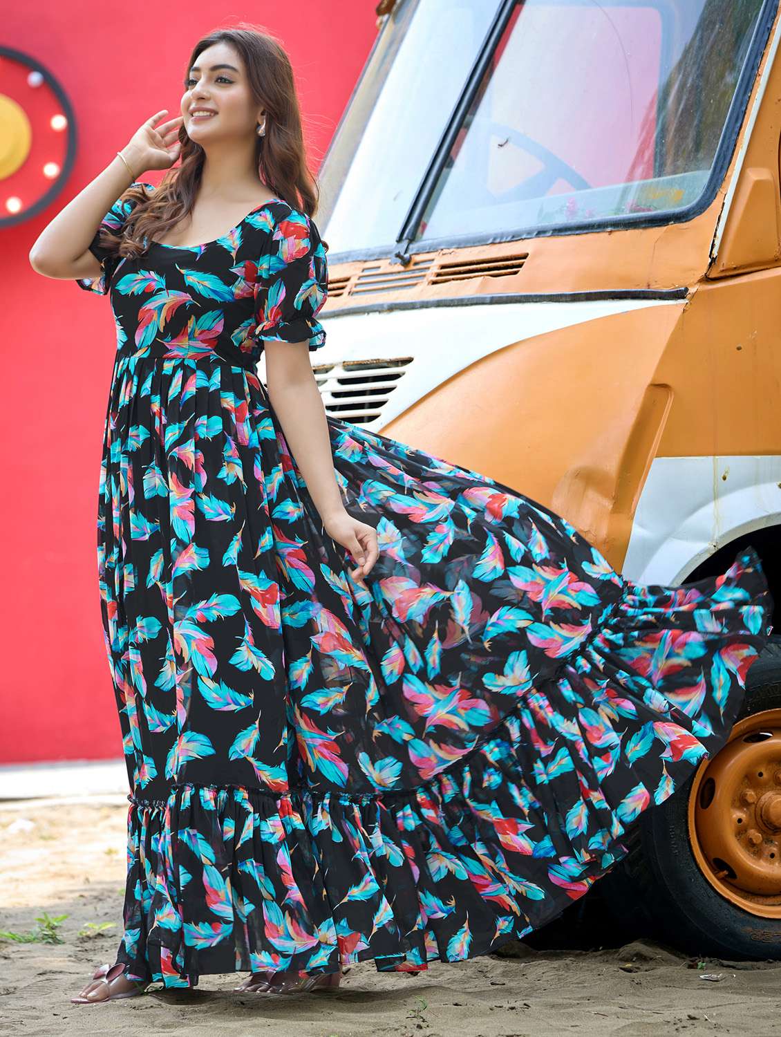 women printed puff sleeve tiered dress - 22263407 -  Standard Image - 1