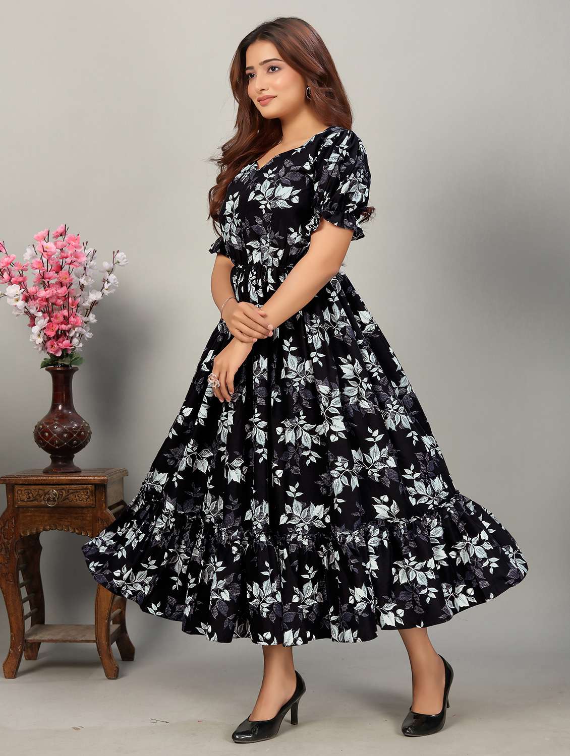 women printed puff sleeve tiered dress - 22263409 -  Standard Image - 1