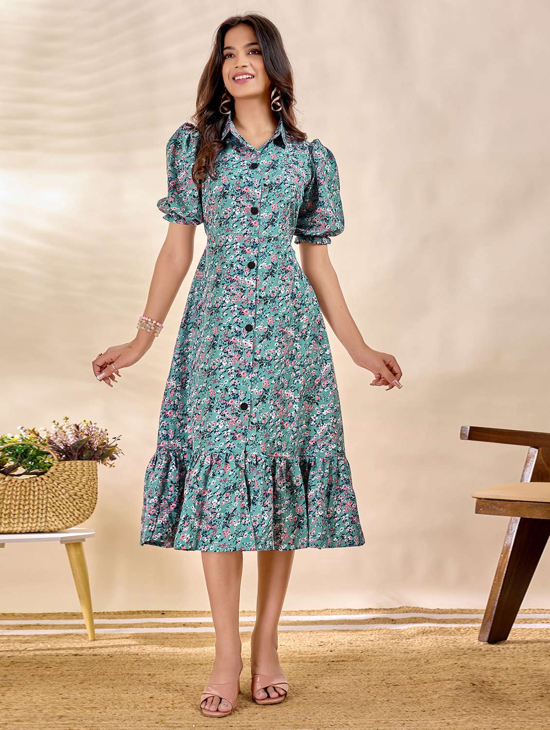 women printed puff sleeve tiered dress - 22263410 -  Standard Image - 1