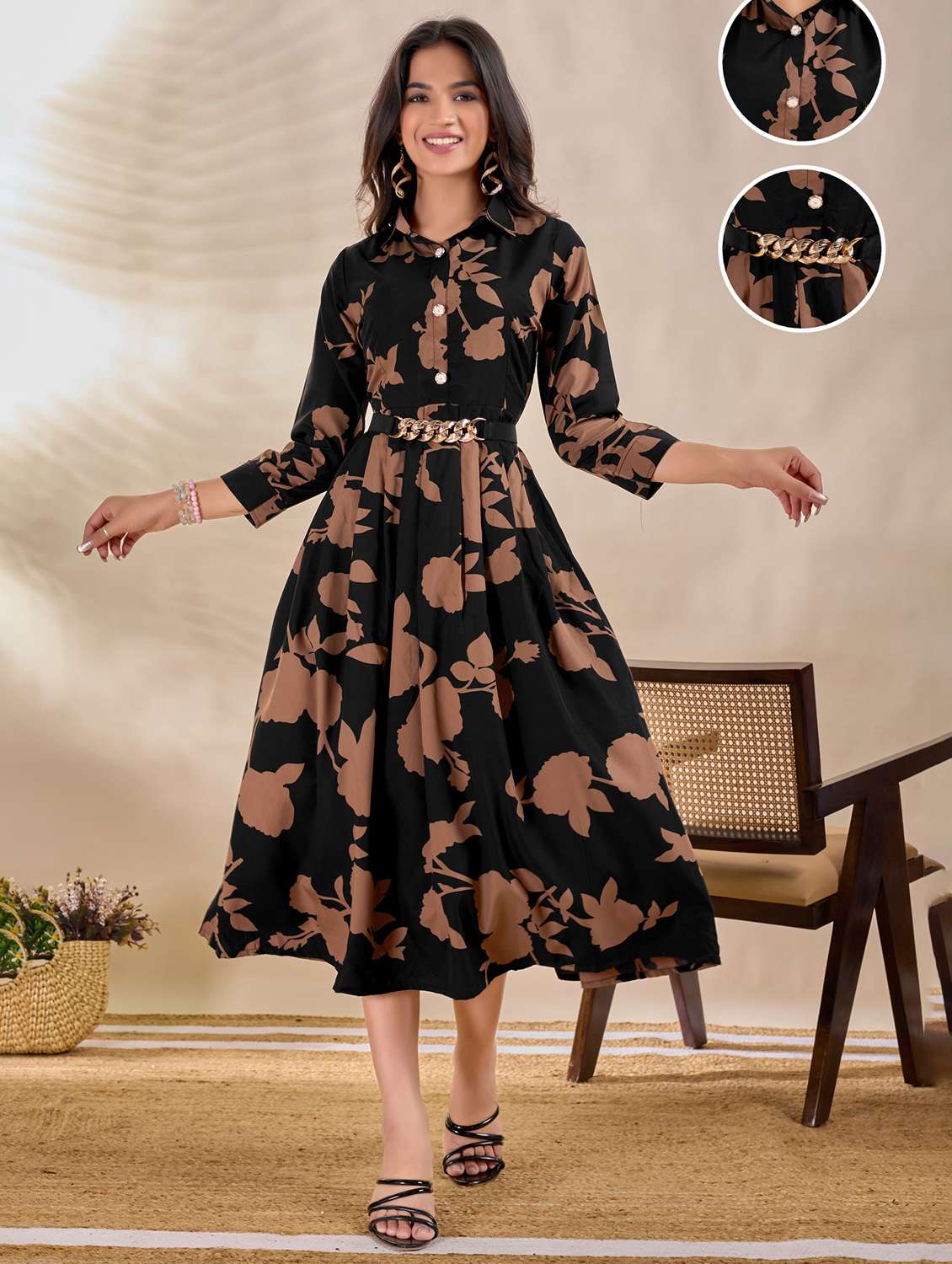 women printed three quarter sleeve fit & flare dress