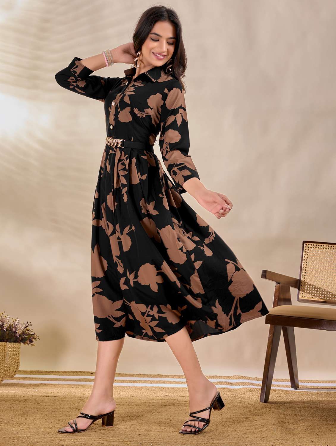 women printed three quarter sleeve fit & flare dress - 22263411 -  Standard Image - 1