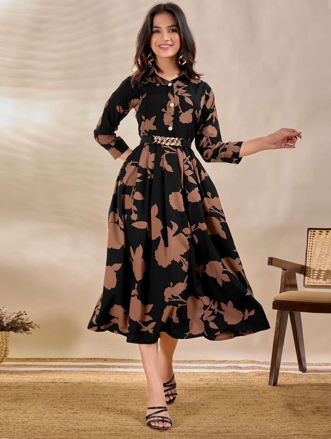 women printed three quarter sleeve fit & flare dress - 22263411 -  Standard Image - 4
