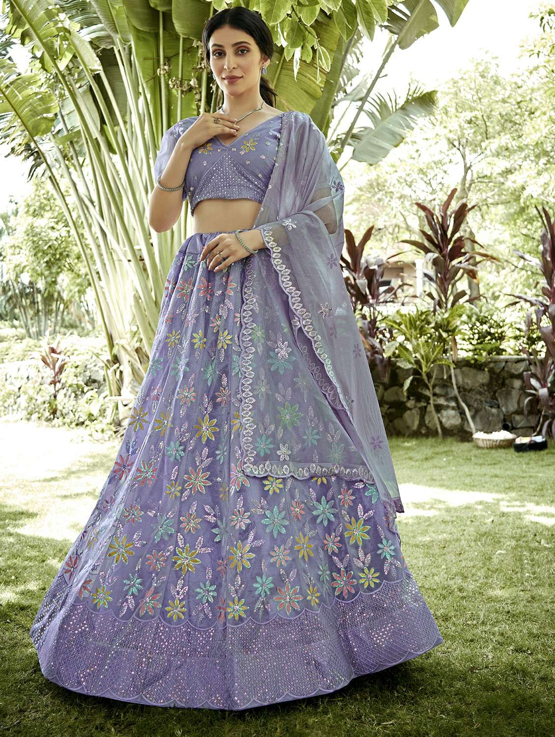 women solid with work semi stitched flared lehenga