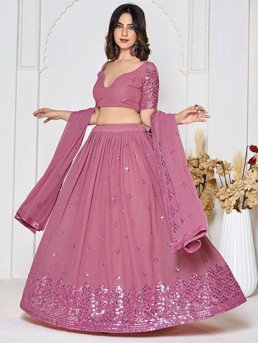 women solid with work semi stitched flared lehenga - 22263474 -  Standard Image - 1