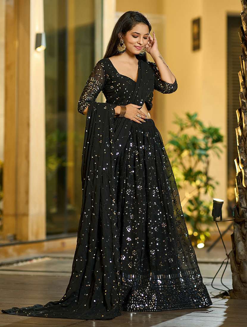 women solid with work semi stitched flared lehenga - 22263477 -  Standard Image - 1
