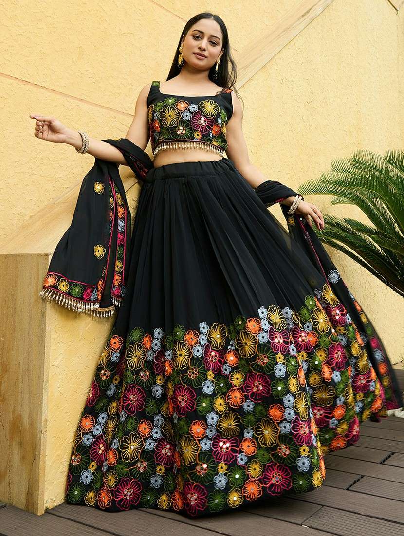 women solid with work semi stitched flared lehenga