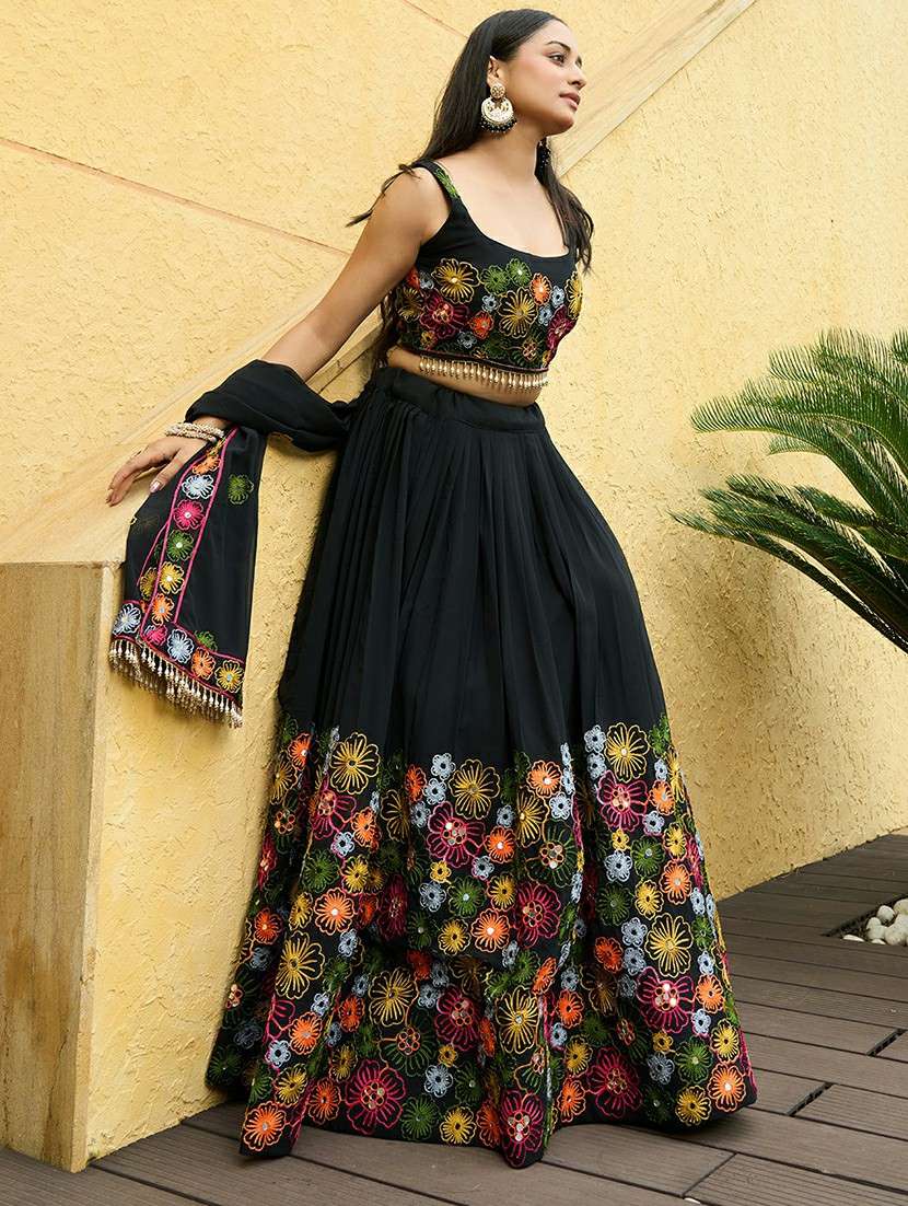 women solid with work semi stitched flared lehenga - 22263479 -  Standard Image - 1