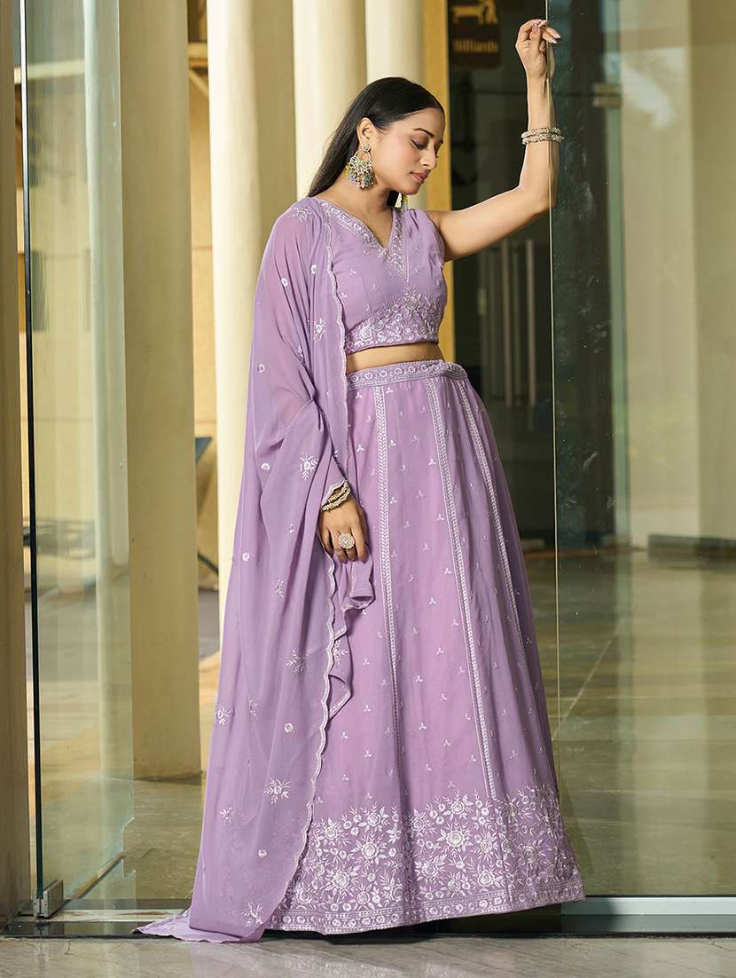 women solid with work semi stitched flared lehenga - 22263481 -  Standard Image - 1