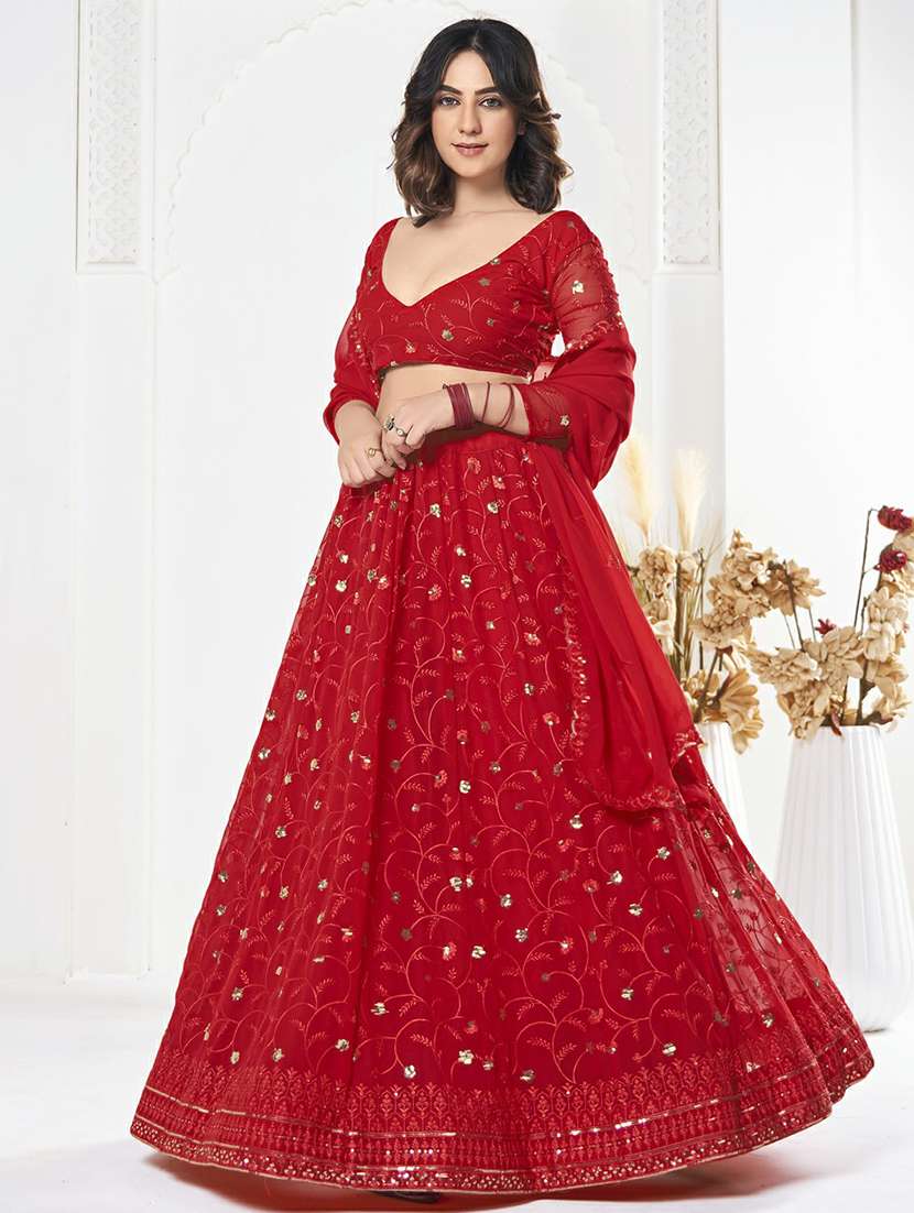 women solid with work semi stitched flared lehenga - 22263482 -  Standard Image - 1