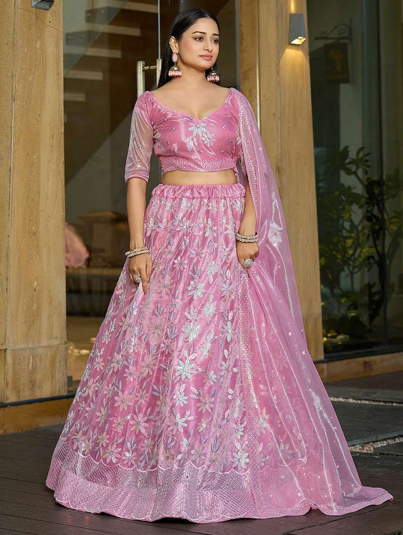 women solid with work semi stitched flared lehenga - 22263484 -  Standard Image - 1