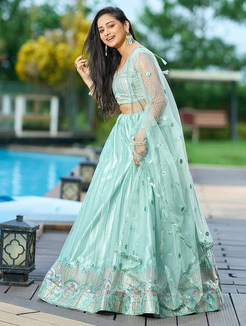 women solid with work semi stitched flared lehenga - 22263486 -  Standard Image - 1