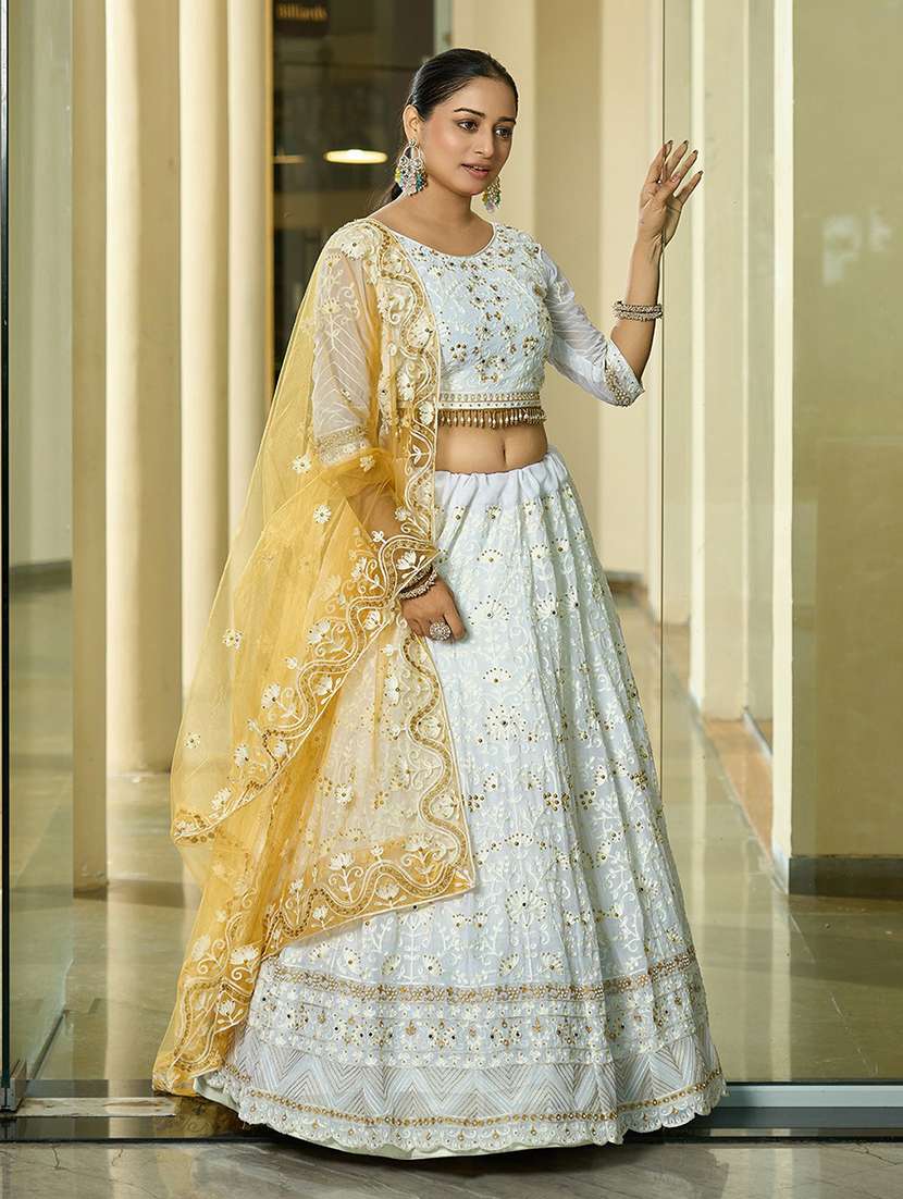 women solid with work semi stitched flared lehenga - 22263489 -  Standard Image - 1