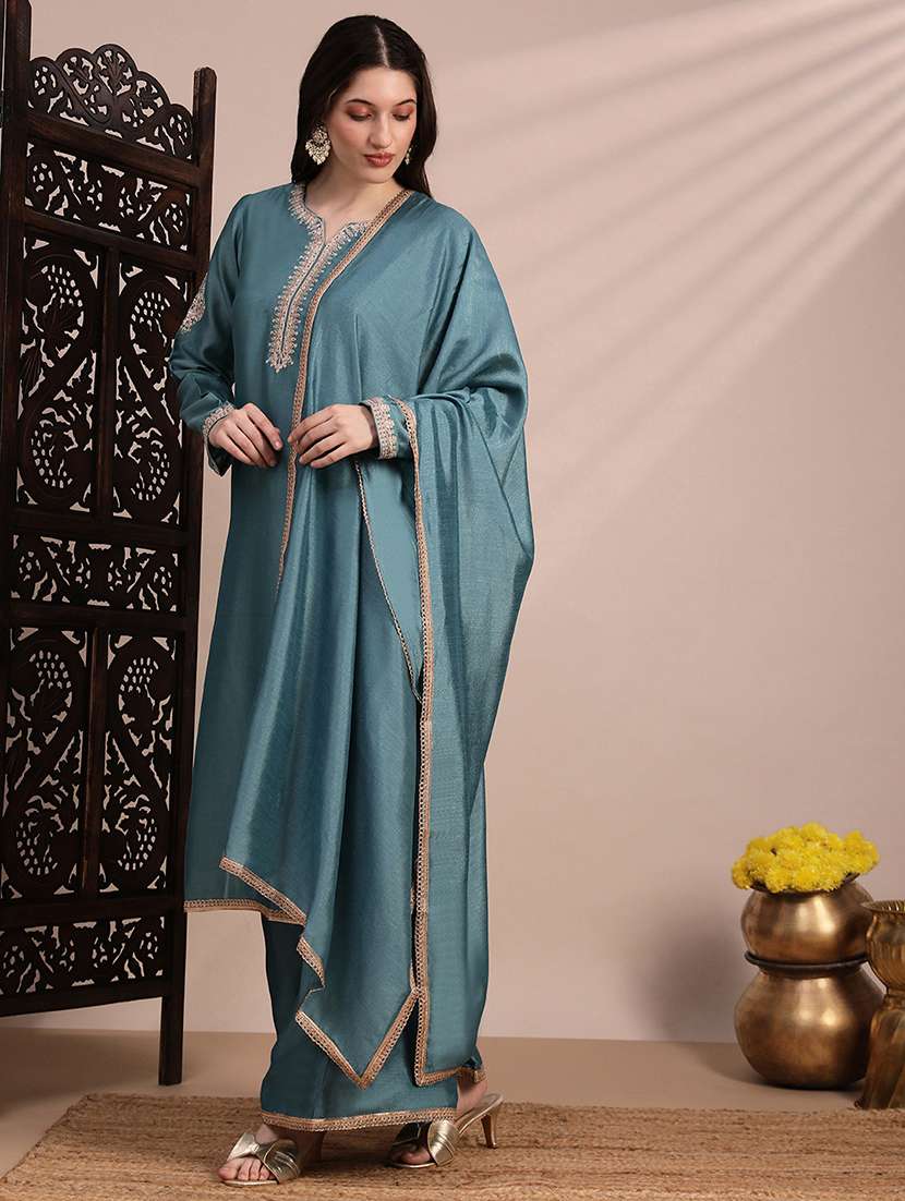 globus women blue long sleeves round neck sequinned & zari embroidery work kurta with wide leg palazzos & dupatta festive set - 22263491 -  Standard Image - 1