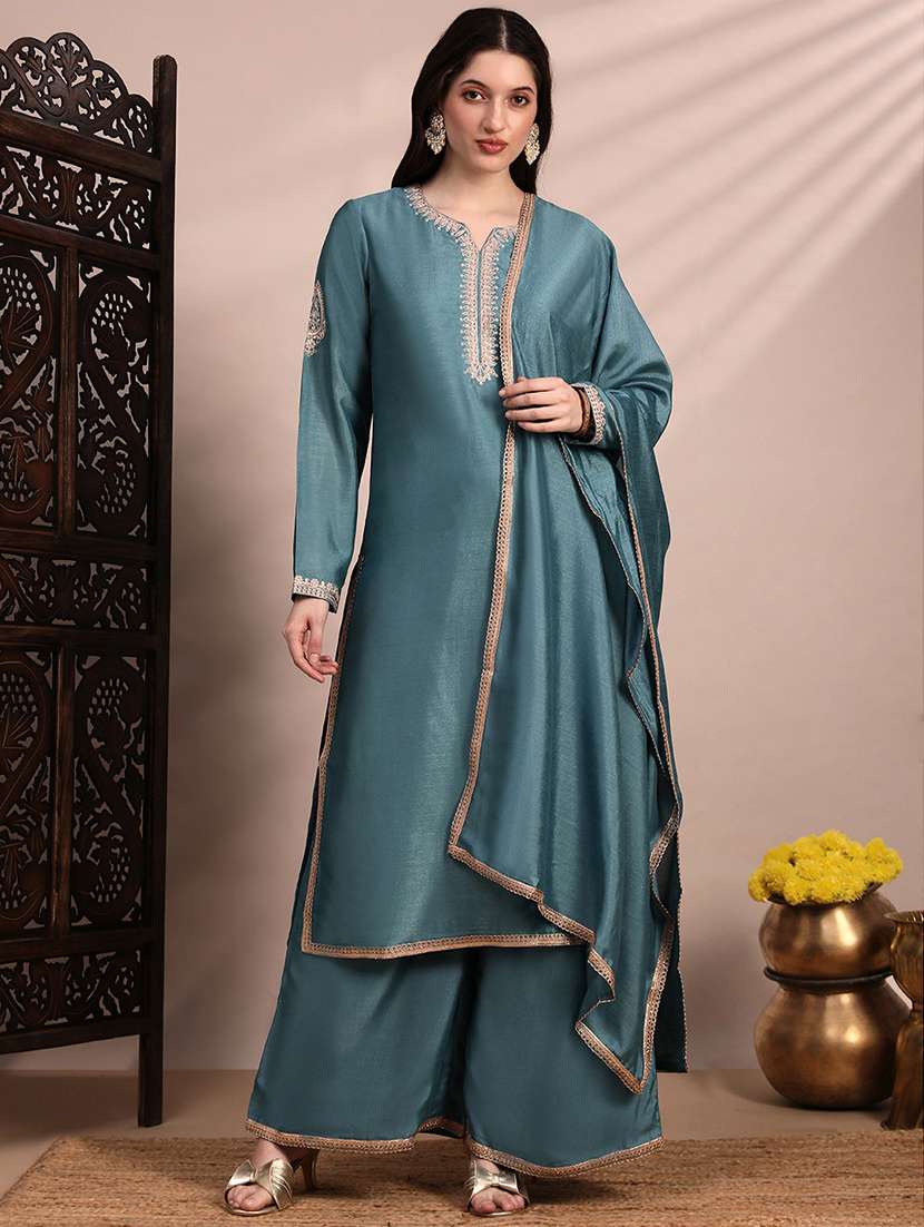 globus women blue long sleeves round neck sequinned & zari embroidery work kurta with wide leg palazzos & dupatta festive set - 22263491 -  Standard Image - 4