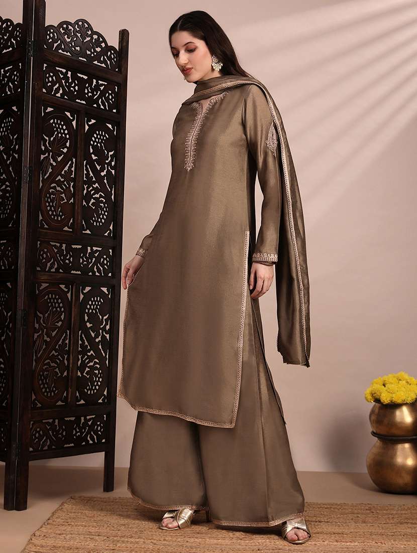 globus women taupe long sleeves round neck sequinned & zari embroidery work kurta with wide leg palazzos & dupatta festive set - 22263492 -  Standard Image - 1