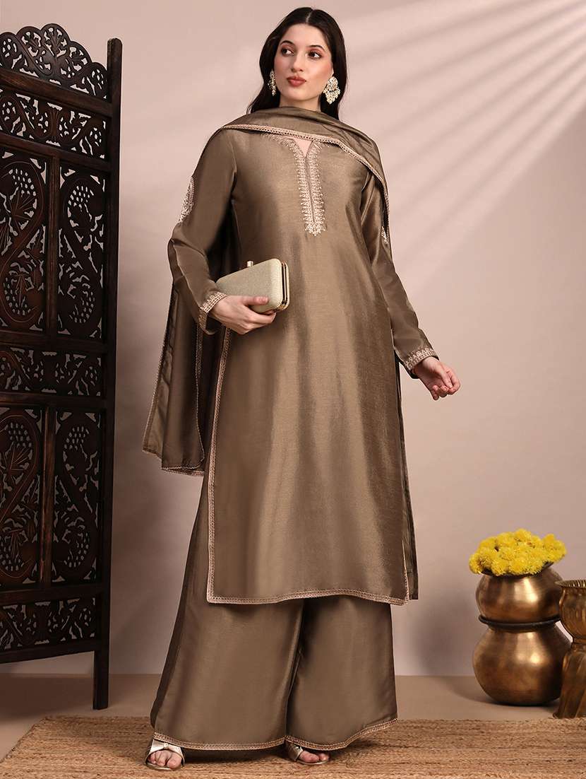globus women taupe long sleeves round neck sequinned & zari embroidery work kurta with wide leg palazzos & dupatta festive set - 22263492 -  Standard Image - 4