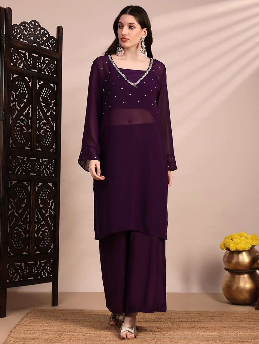 globus women purple v-neck bell sleeves sequin embellished detail kurta with crop top & wide leg trouser festive set
