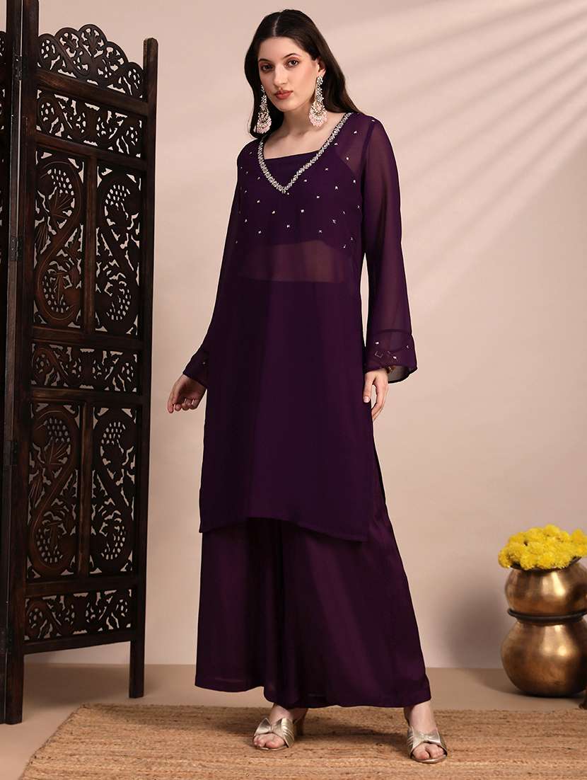 globus women purple v-neck bell sleeves sequin embellished detail kurta with crop top & wide leg trouser festive set - 22263497 -  Standard Image - 1