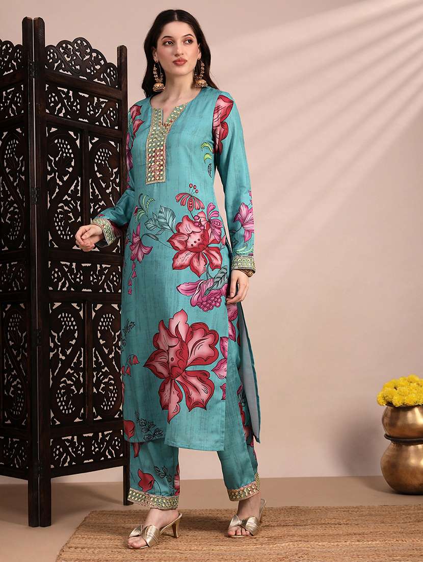 globus women teal floral printed round neck mirror work sequin embroidered straight kurta & pant festive set - 22263499 -  Standard Image - 1