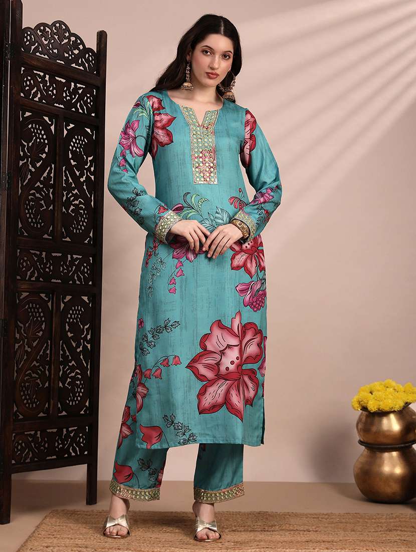 globus women teal floral printed round neck mirror work sequin embroidered straight kurta & pant festive set - 22263499 -  Standard Image - 4
