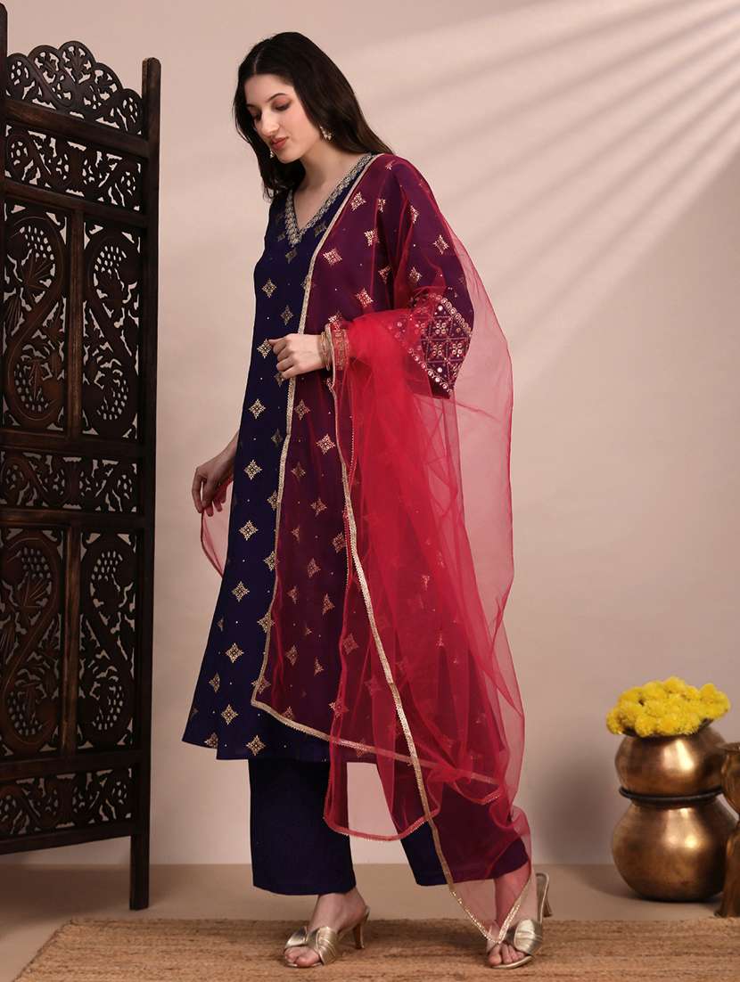 globus women purple ethnic motifs foil print bell sleeves v-neck embroidered a-line kurta with pant & net dupatta festive set - 22263500 -  Standard Image - 1