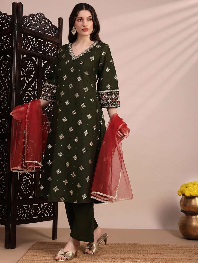 globus women olive ethnic motifs foil print bell sleeves v-neck embroidered a-line kurta with pant & net dupatta festive set - 22263501 -  Standard Image - 1