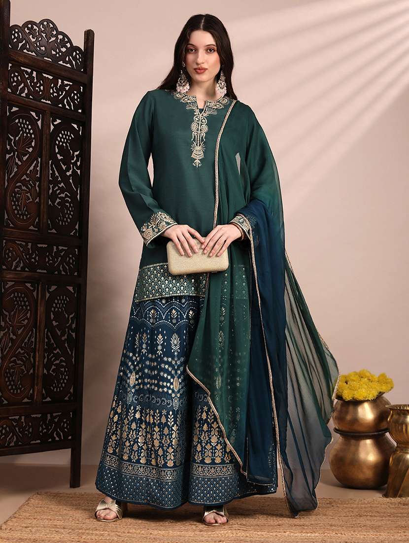 globus women green zari embroidered yoke round neck short kurta with allover foil printed sharara & ombre dupatta festive set
