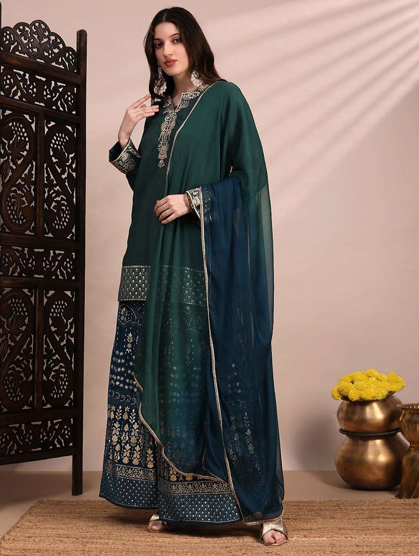 globus women green zari embroidered yoke round neck short kurta with allover foil printed sharara & ombre dupatta festive set - 22263502 -  Standard Image - 1