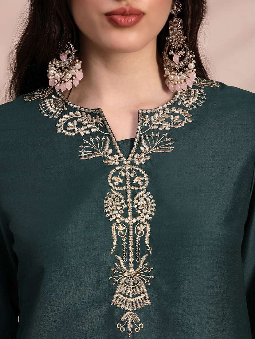globus women green zari embroidered yoke round neck short kurta with allover foil printed sharara & ombre dupatta festive set - 22263502 -  Standard Image - 4
