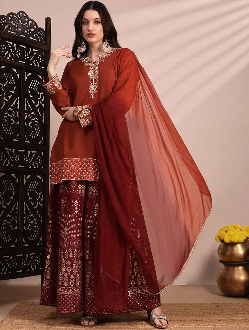 globus women orange zari embroidered yoke round neck short kurta with allover foil printed sharara & ombre dupatta festive set