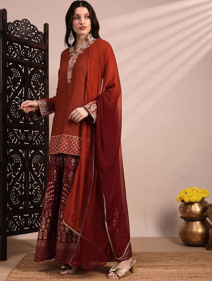 globus women orange zari embroidered yoke round neck short kurta with allover foil printed sharara & ombre dupatta festive set - 22263503 -  Standard Image - 1