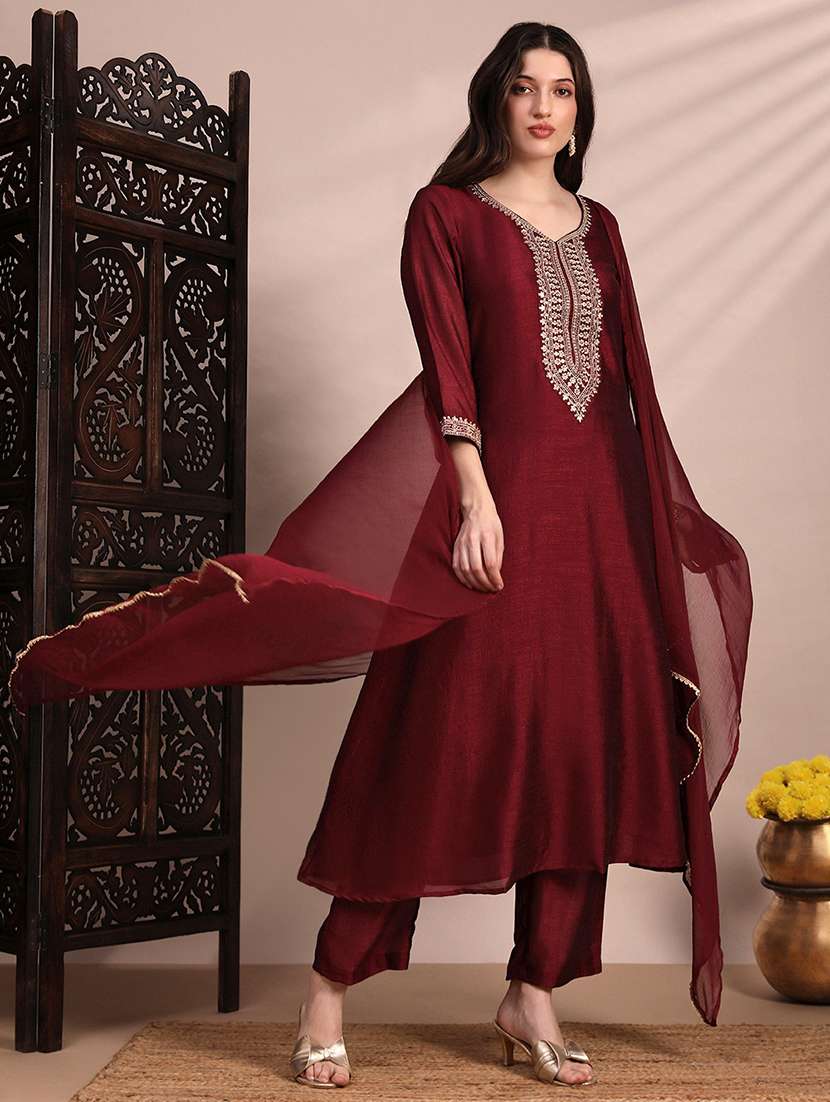 globus women maroon v-neck sequin & zari embroidered yoke a-line kurta with pant & dupatta festive set
