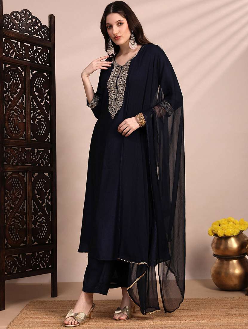 Globus Women Blue V-neck Sequin & Zari Embroidered Yoke A-line Kurta With Pant & Dupatta Festive Set - 22263507 -  Standard Image - 1