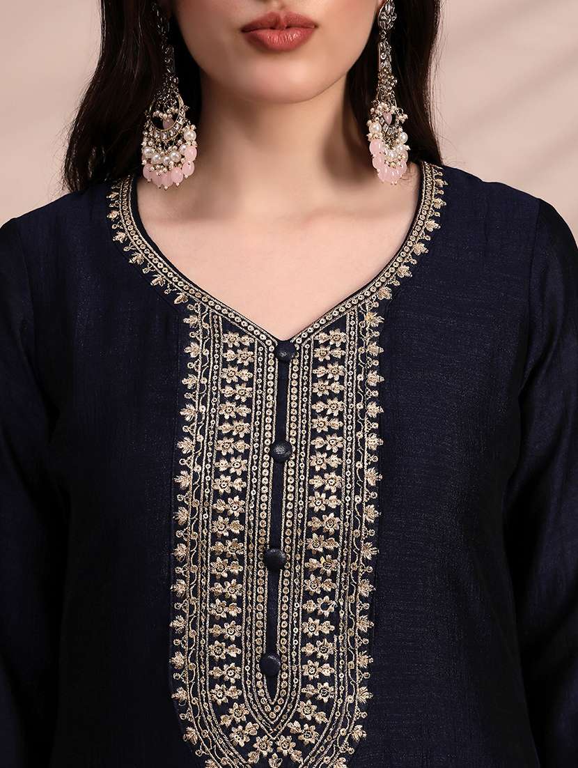 Globus Women Blue V-neck Sequin & Zari Embroidered Yoke A-line Kurta With Pant & Dupatta Festive Set - 22263507 -  Standard Image - 4