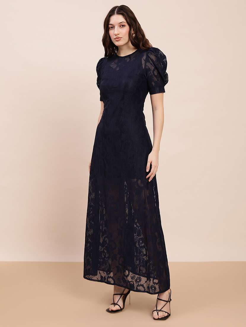 globus women navy blue round neck puff sleeves floral lace detail a-line maxi party dress - 22263511 -  Standard Image - 1
