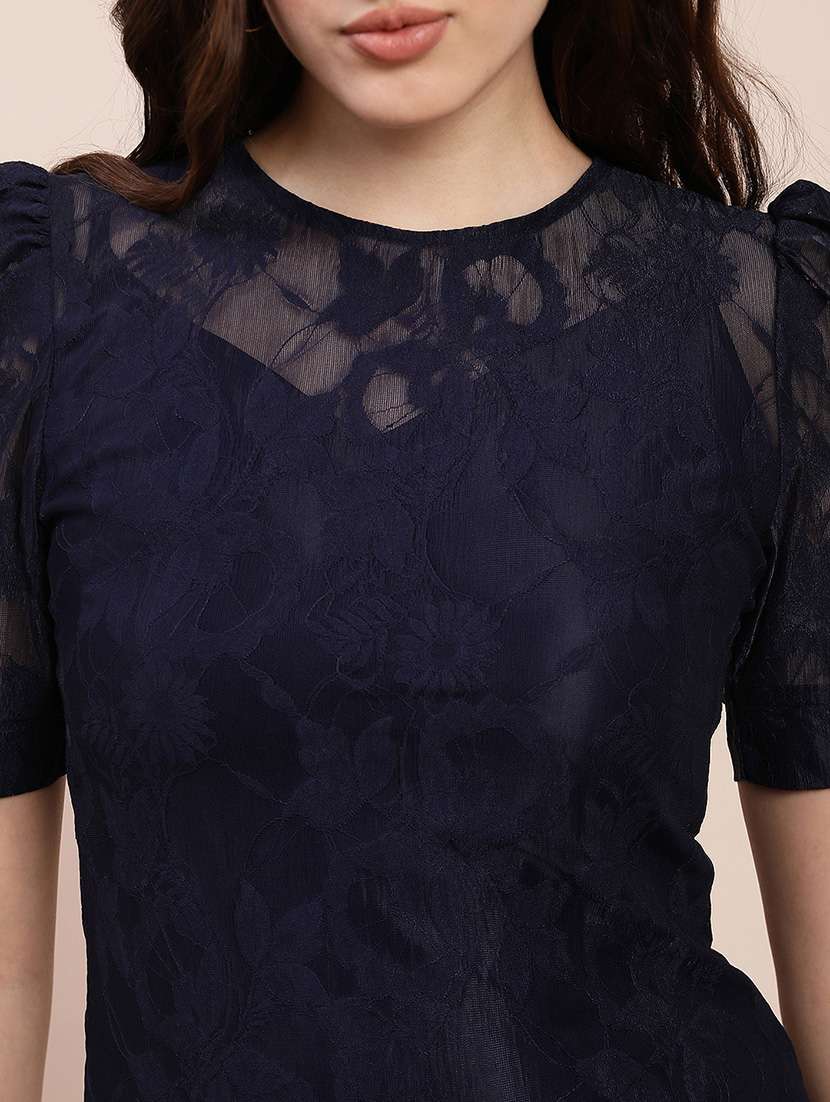 globus women navy blue round neck puff sleeves floral lace detail a-line maxi party dress - 22263511 -  Standard Image - 4