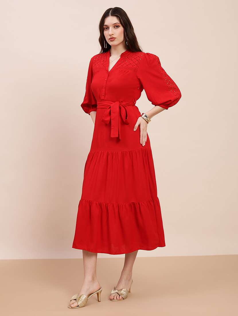 globus women red v-neck bishop sleeves solid schiffli detail tiered midi a-line party dress with belt - 22263514 -  Standard Image - 1