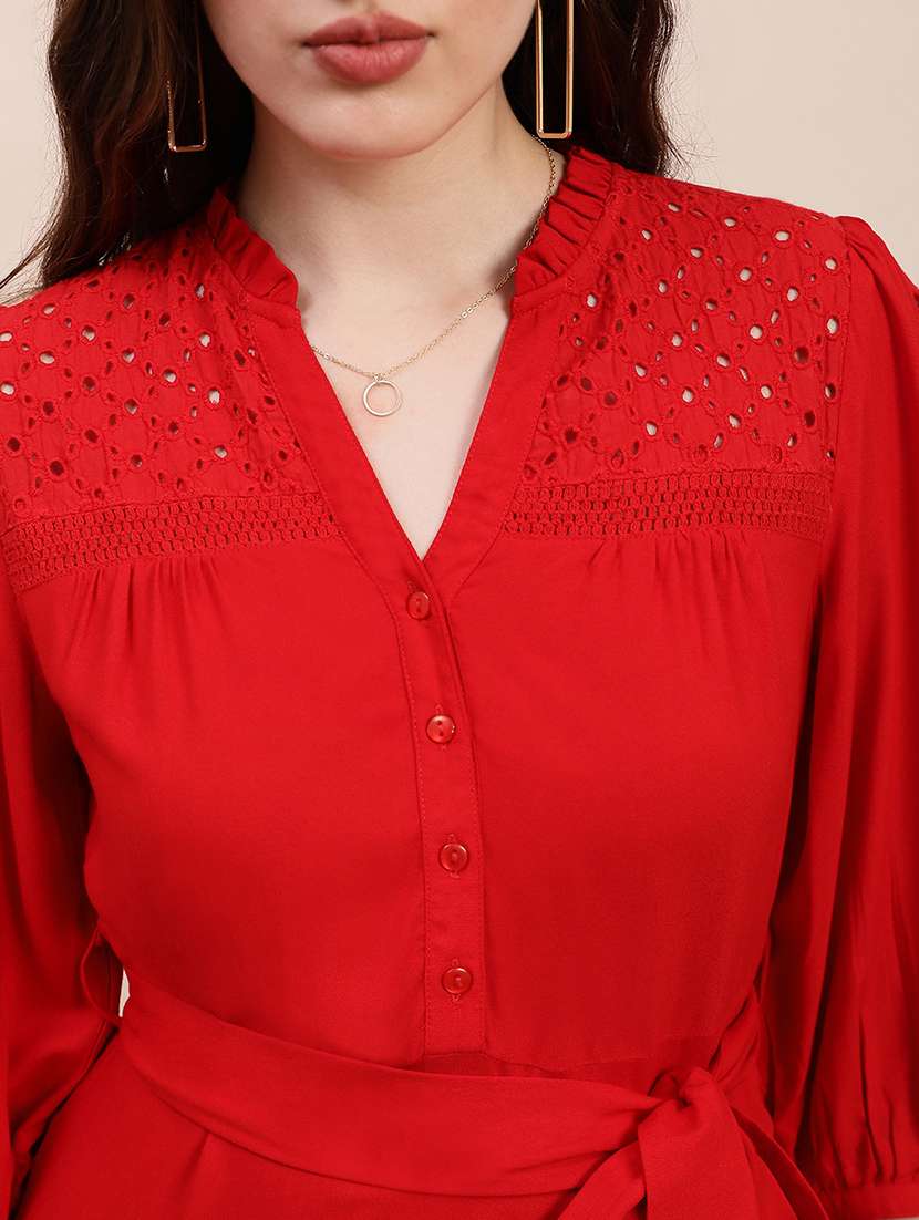 globus women red v-neck bishop sleeves solid schiffli detail tiered midi a-line party dress with belt - 22263514 -  Standard Image - 4