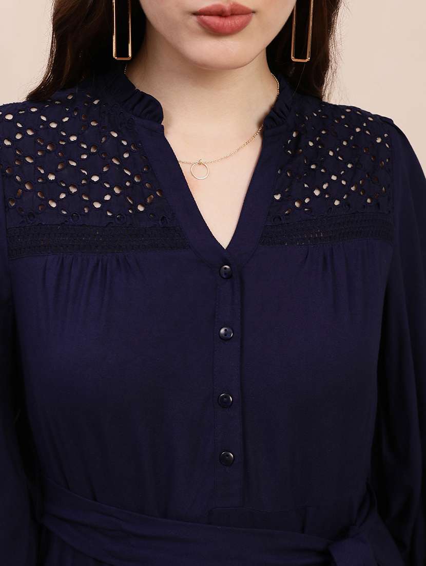 globus women blue v-neck bishop sleeves solid schiffli detail tiered midi a-line party dress with belt - 22263515 -  Standard Image - 4