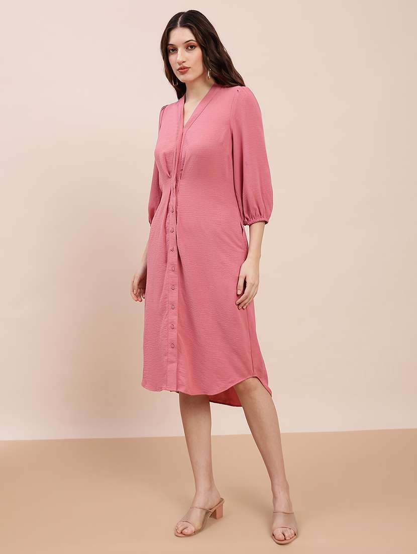 globus women pink v-neck pleated detail bishop sleeve curved hem midi shirt style dress - 22263516 -  Standard Image - 1