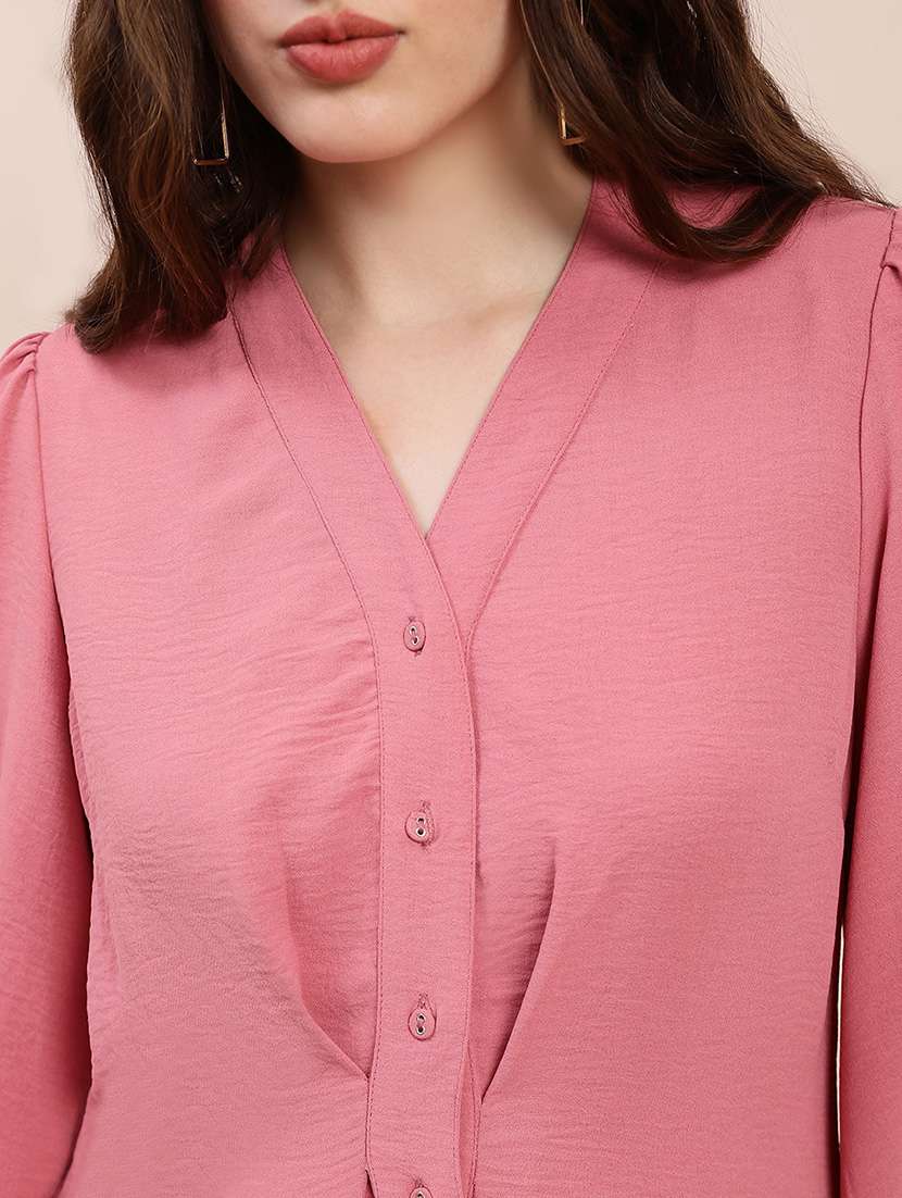 globus women pink v-neck pleated detail bishop sleeve curved hem midi shirt style dress - 22263516 -  Standard Image - 4