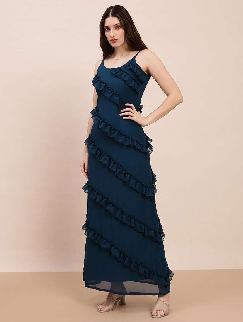 globus women teal scoop neck strappy sleeves ruffle detail georgette a-line maxi party dress - 22263523 -  Standard Image - 1
