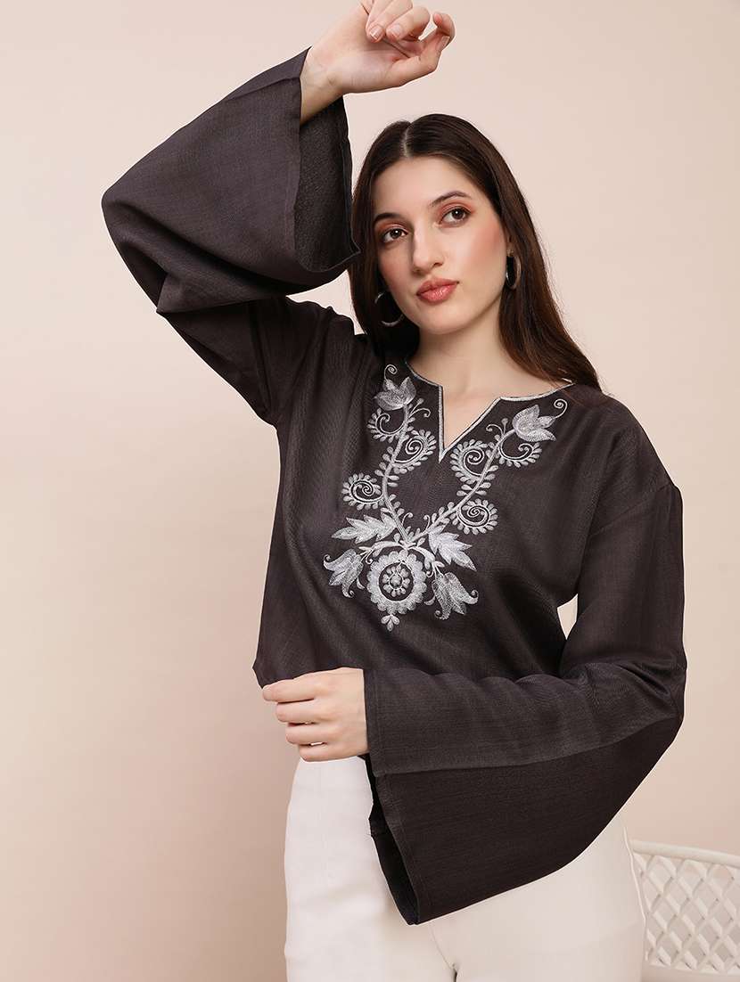 globus women grey embroidered v-neck bell sleeves top - 22263526 -  Standard Image - 1