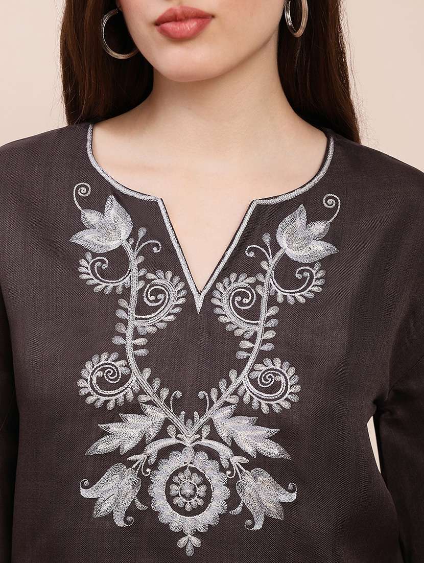 globus women grey embroidered v-neck bell sleeves top - 22263526 -  Standard Image - 4