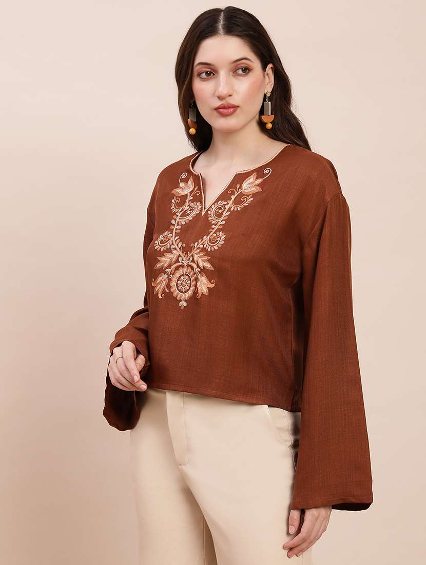 globus women brown embroidered v-neck bell sleeves top - 22263527 -  Standard Image - 1