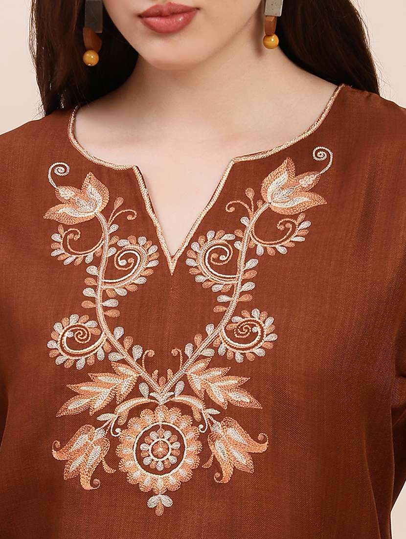 globus women brown embroidered v-neck bell sleeves top - 22263527 -  Standard Image - 4