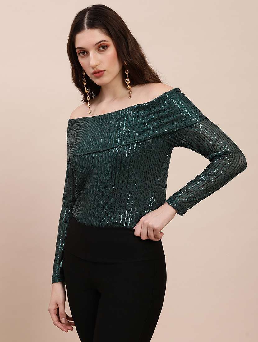 globus women green off shoulder long sleeves sequinned party top - 22263533 -  Standard Image - 1