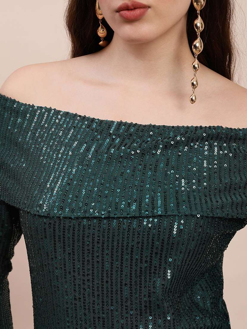 globus women green off shoulder long sleeves sequinned party top - 22263533 -  Standard Image - 4