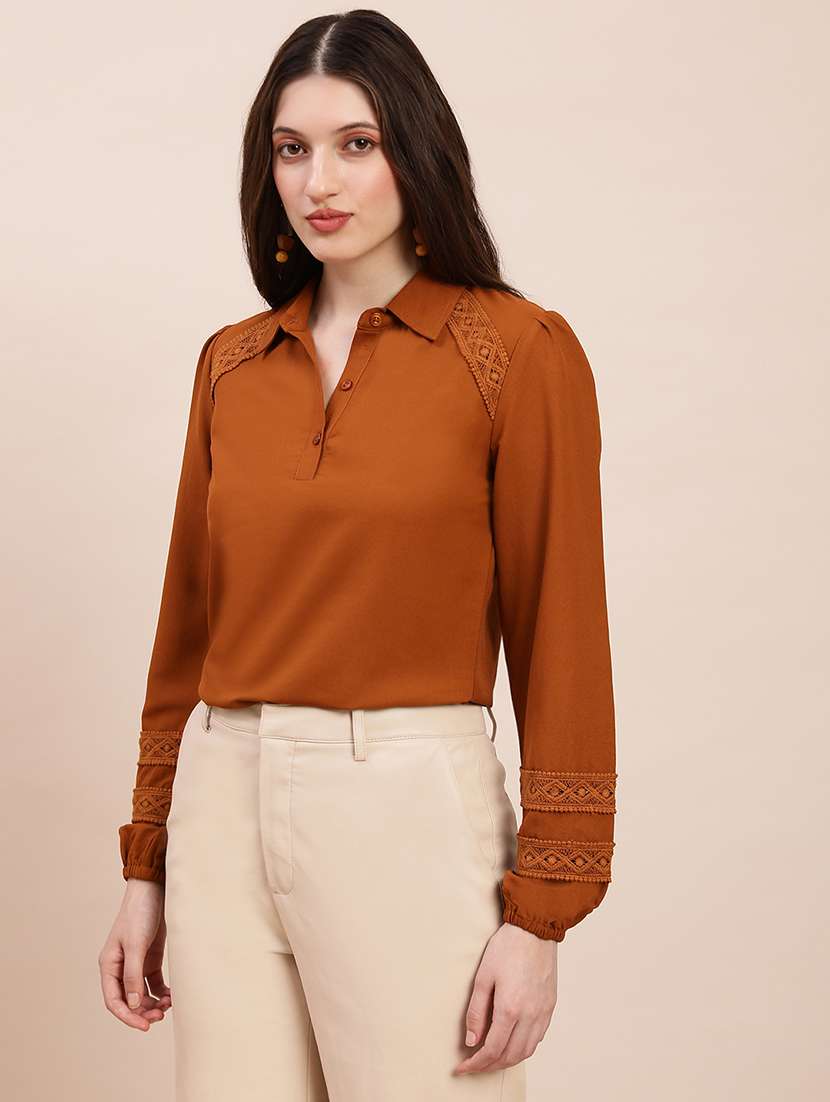 globus women brown collared neck bishop sleeves lace inserts shirt style workwear top - 22263534 -  Standard Image - 1