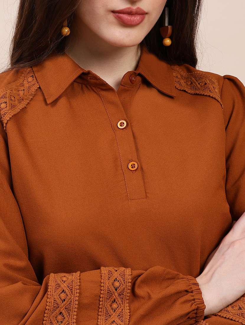 globus women brown collared neck bishop sleeves lace inserts shirt style workwear top - 22263534 -  Standard Image - 4